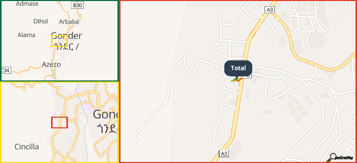 Map showing the address of Total in three different zoom levels.