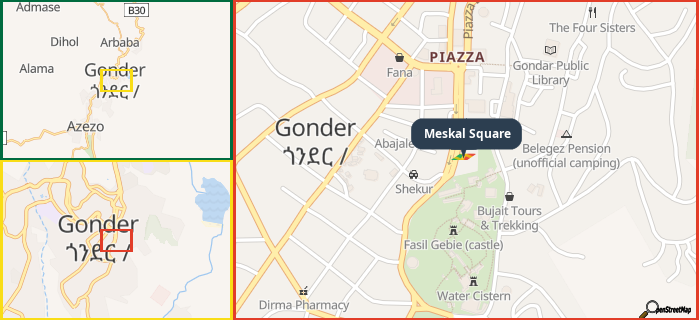 Map showing the address of Meskal Square in three different zoom levels.