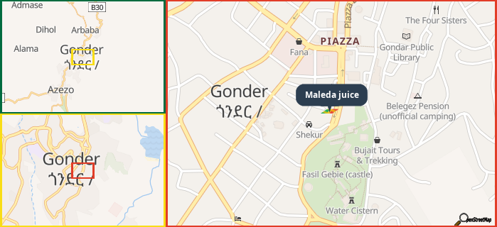 Map showing the address of Maleda juice in three different zoom levels.