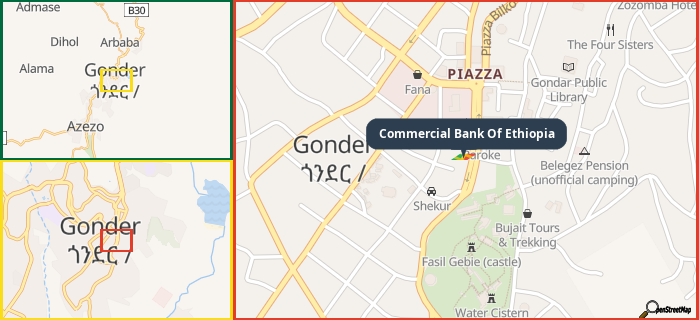 Map showing the address of Commercial Bank Of Ethiopia  in three different zoom levels.