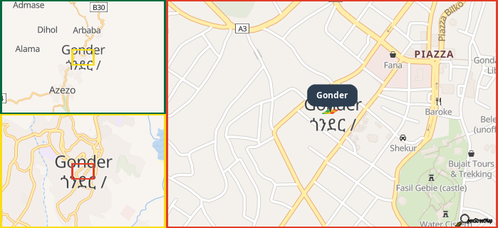 Map showing the address of Gonder in three different zoom levels.