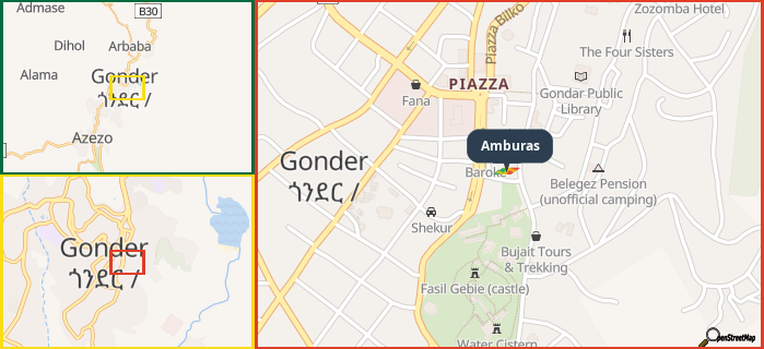Map showing the address of Amburas in three different zoom levels.