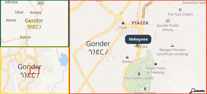 Map showing the address of Mekegewa in three different zoom levels.