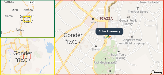 Map showing the address of Goha Pharmacy in three different zoom levels.