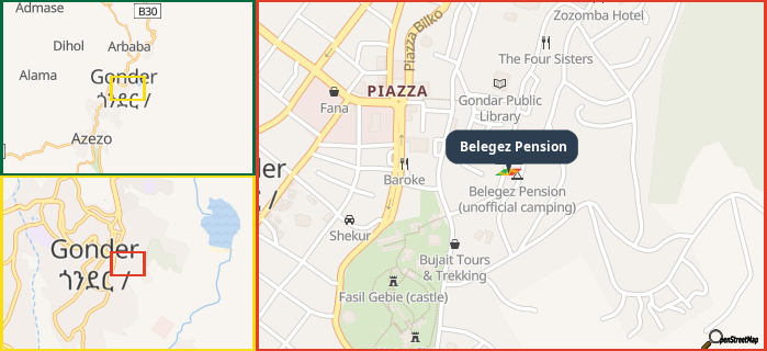 Map showing the address of Belegez Pension in three different zoom levels.