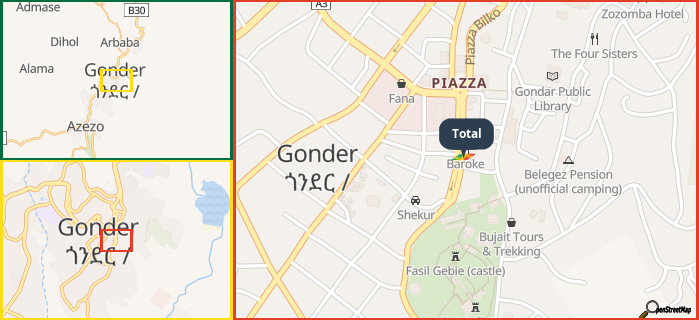 Map showing the address of Total in three different zoom levels.