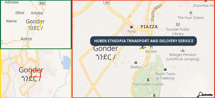 Map showing the address of HUBER ETHIOPIA TRNASPORT AND DELIVERY SERVICE in three different zoom levels.