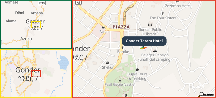 Map showing the address of Gonder Terara Hotel in three different zoom levels.