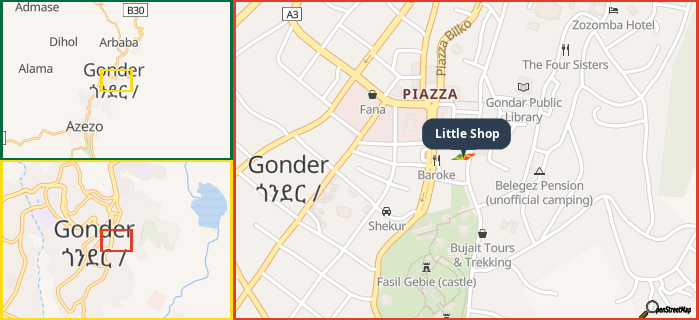 Map showing the address of Little Shop in three different zoom levels.