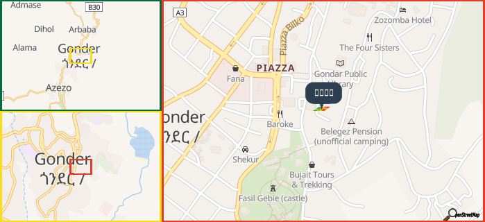 Map showing the address of クラウン in three different zoom levels.