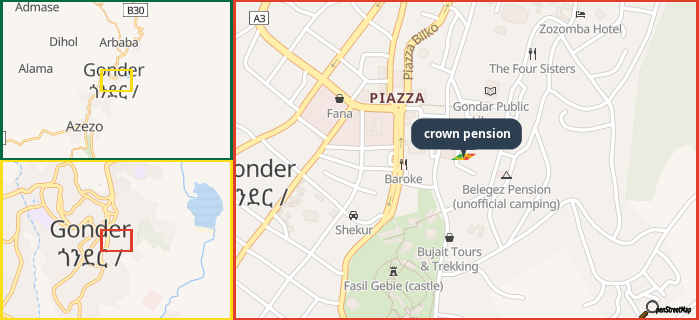 Map showing the address of crown pension in three different zoom levels.