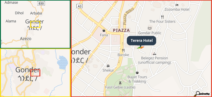 Map showing the address of Terera Hotel in three different zoom levels.