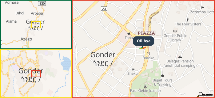Map showing the address of Oilibya in three different zoom levels.