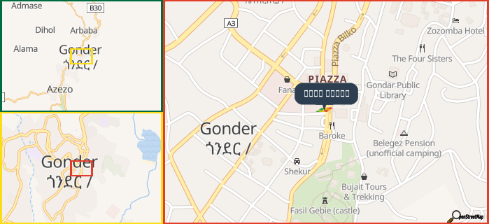 Map showing the address of ساحة عرادة in three different zoom levels.