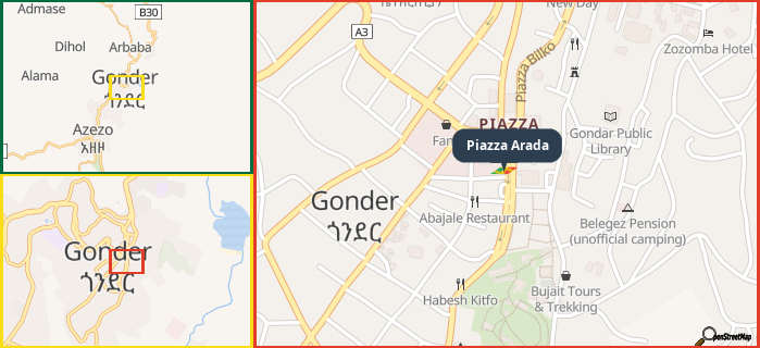 Map showing the address of Piazza Arada in three different zoom levels.