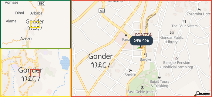 Map showing the address of አዋሽ ባንክ in three different zoom levels.