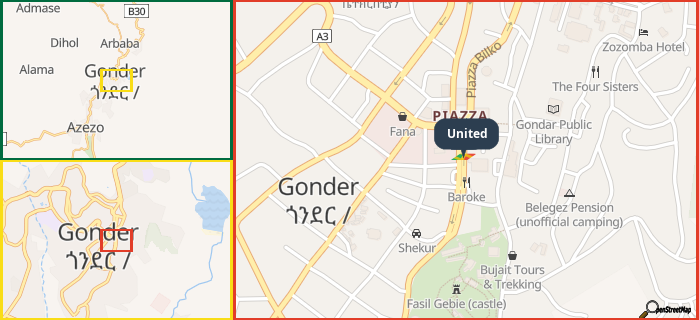 Map showing the address of United in three different zoom levels.