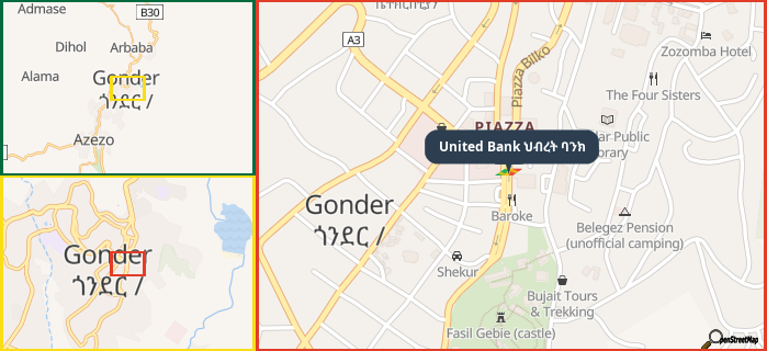 Map showing the address of United Bank ህብረት ባንክ in three different zoom levels.