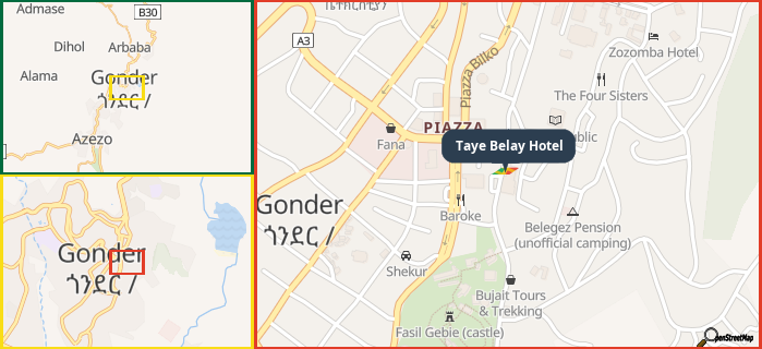 Map showing the address of Taye Belay Hotel in three different zoom levels.
