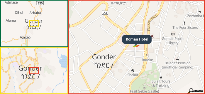 Map showing the address of Roman Hotel in three different zoom levels.