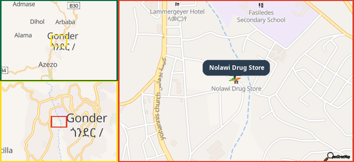 Map showing the address of Nolawi Drug Store in three different zoom levels.