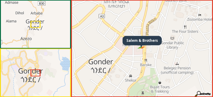 Map showing the address of Salem & Brothers in three different zoom levels.