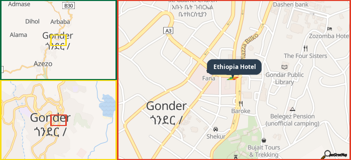 Map showing the address of Ethiopia Hotel in three different zoom levels.