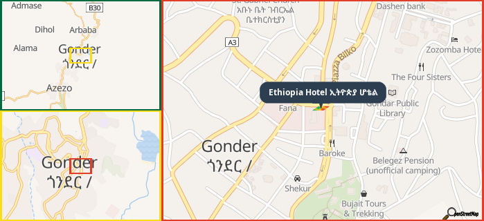 Map showing the address of Ethiopia Hotel ኢትዮጵያ ሆቴል in three different zoom levels.