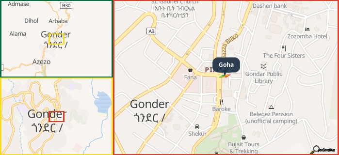 Map showing the address of Goha in three different zoom levels.