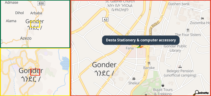Map showing the address of Desta Stationery & computer accessory in three different zoom levels.