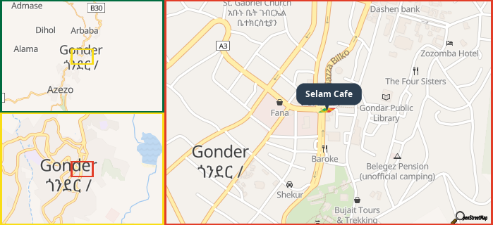 Map showing the address of Selam Cafe in three different zoom levels.