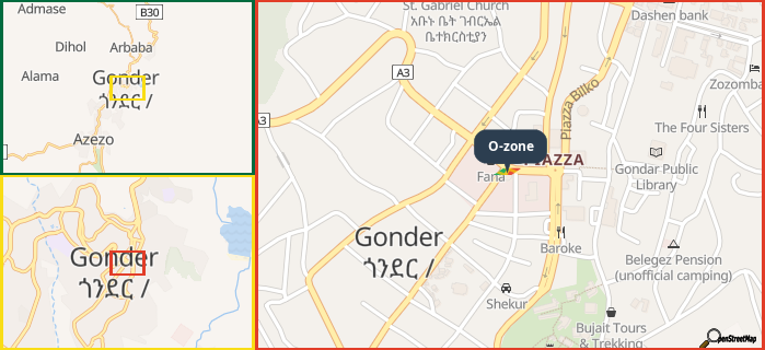 Map showing the address of O-zone in three different zoom levels.