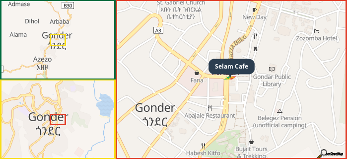 Map showing the address of Selam Cafe in three different zoom levels.