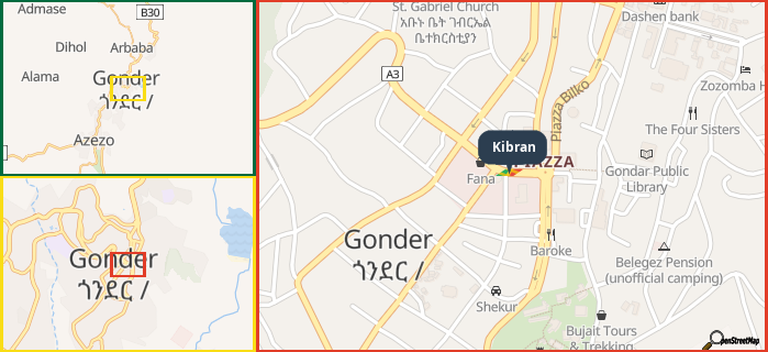 Map showing the address of Kibran in three different zoom levels.