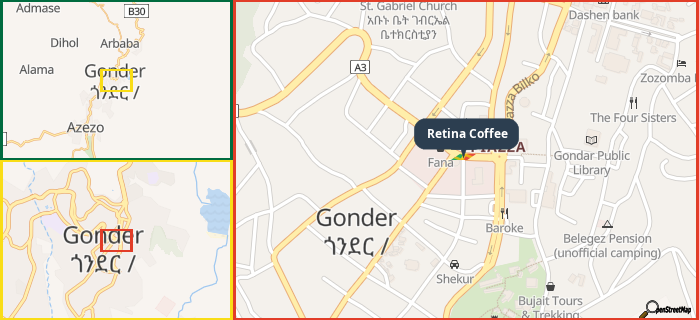 Map showing the address of Retina Coffee in three different zoom levels.