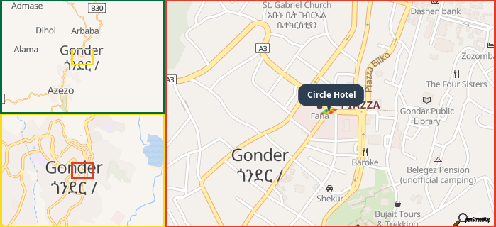 Map showing the address of Circle Hotel in three different zoom levels.