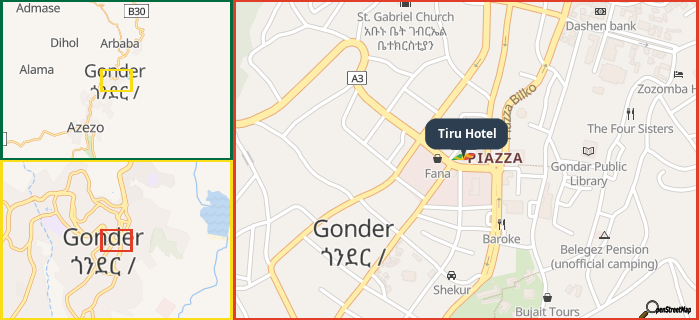 Map showing the address of Tiru Hotel in three different zoom levels.
