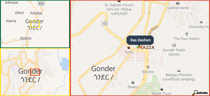 Map showing the address of Ras dashen in three different zoom levels.