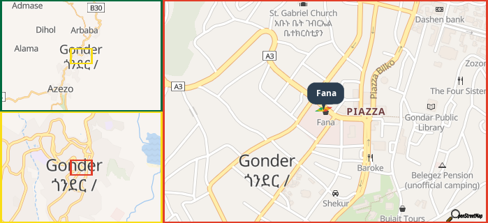 Map showing the address of Fana in three different zoom levels.