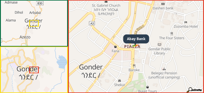 Map showing the address of Abay Bank in three different zoom levels.
