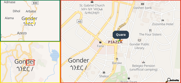 Map showing the address of Quara in three different zoom levels.