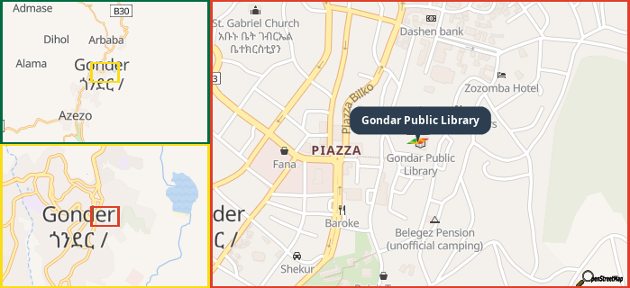 Map showing the address of Gondar Public Library in three different zoom levels.