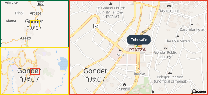 Map showing the address of Tele cafe in three different zoom levels.