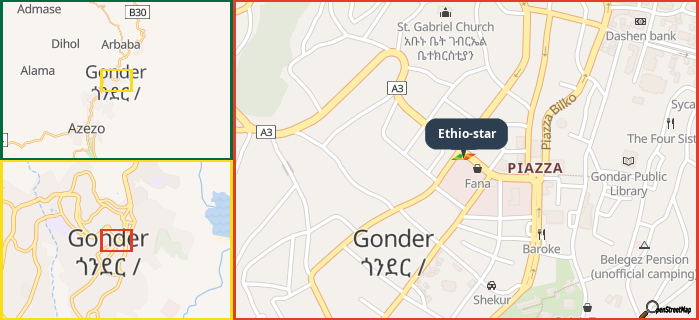 Map showing the address of Ethio-star in three different zoom levels.