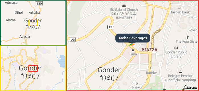Map showing the address of Moha Beverages in three different zoom levels.