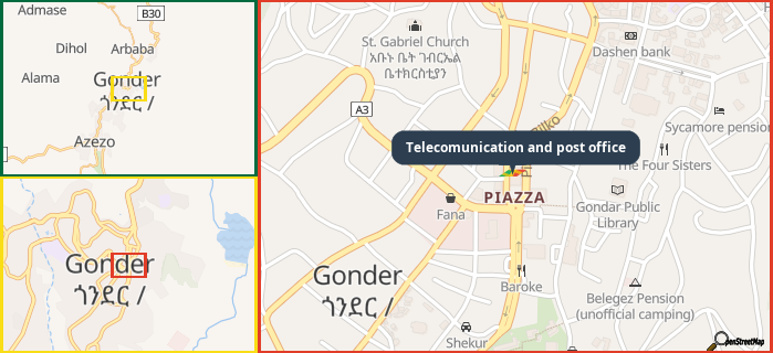 Map showing the address of Telecomunication and post office in three different zoom levels.