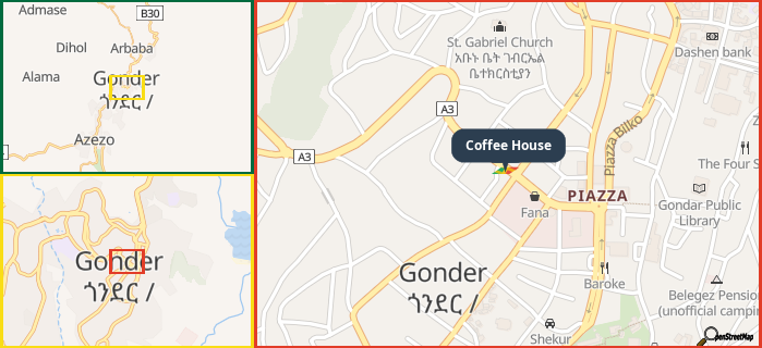 Map showing the address of Coffee House in three different zoom levels.