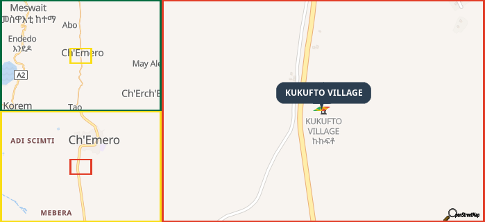 Map showing the address of KUKUFTO VILLAGE in three different zoom levels.