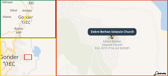 Map showing the address of Debre Berhan Selassie Church in three different zoom levels.