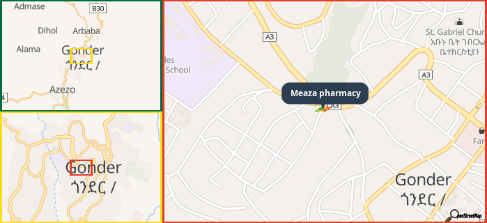 Map showing the address of Meaza pharmacy in three different zoom levels.